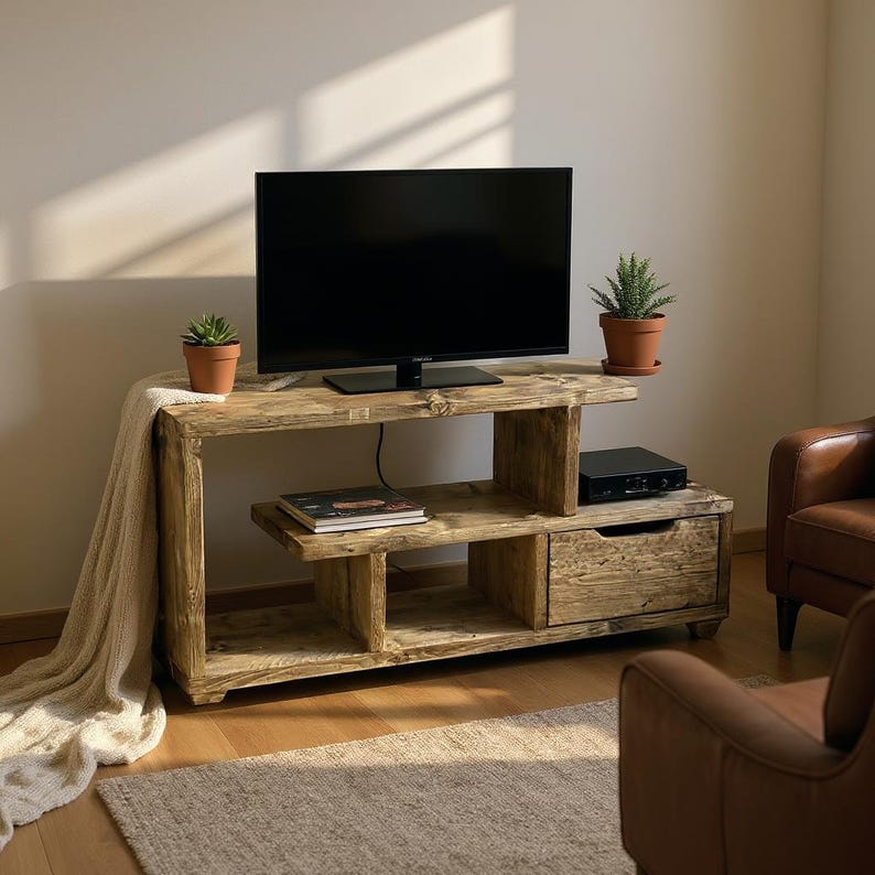 Rustic TV Stand & Media Console | Reclaimed Wood Entertainment Unit with Drawers | Low Profile Industrial TV Cabinet image 5