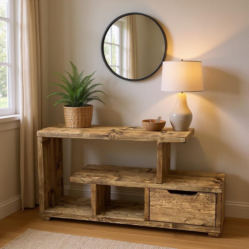 Rustic TV Stand & Media Console | Reclaimed Wood Entertainment Unit with Drawers | Low Profile Industrial TV Cabinet image 4