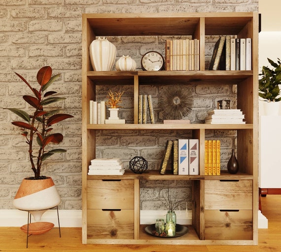 Reclaimed Wood Bookcase Shelving Unit, Reclaimed Wood Bookcase With Drawers