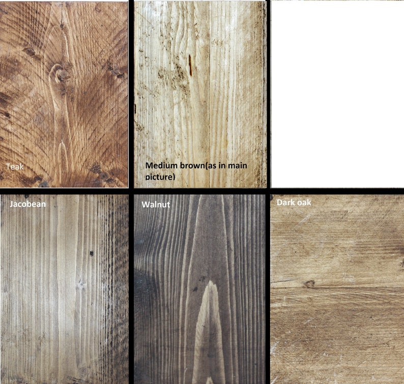 May include: Six wood samples in different shades of brown, labeled with their wood types: Teak, Medium brown (as in main picture), Dark oak, Jacobean, Walnut.
