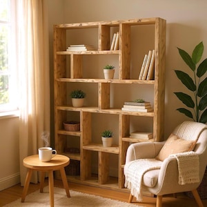 チャンキーなラスティック本棚 | 無垢材の棚ユニット | 工業用オープンバック本棚 | ホームオフィス用再生足場家具