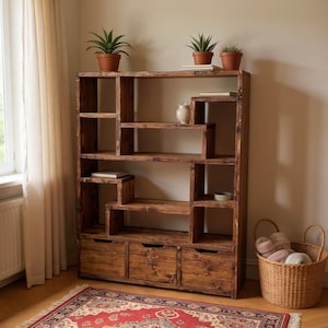 3D Bookcase Cabinet | Reclaimed Wood Shelving Unit | Industrial Multi-Level Storage | Deep Scaffold Furniture
