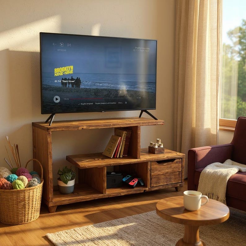 Rustic TV Stand & Media Console | Reclaimed Wood Entertainment Unit with Drawers | Low Profile Industrial TV Cabinet image 1