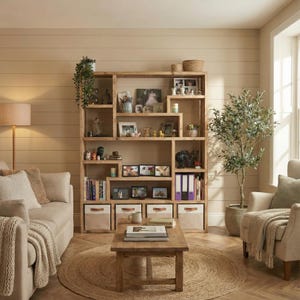 May include: A large, light-brown wooden bookshelf with asymmetrical open shelving units, filled with various decorative items, framed photographs, and books. The base features four rectangular storage bins with leather-look pull tabs.