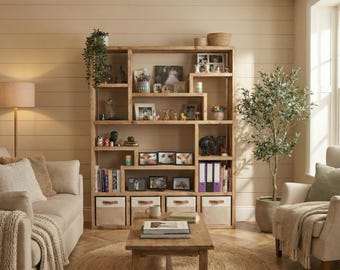 Basket Bookcase | Multi-Dimensional Shelving Unit | Reclaimed Wood Display Shelf | Industrial Open Frame Storage