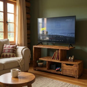 Rustic TV Stand & Media Console | Reclaimed Wood Entertainment Unit with Drawers | Low Profile Industrial TV Cabinet image 2