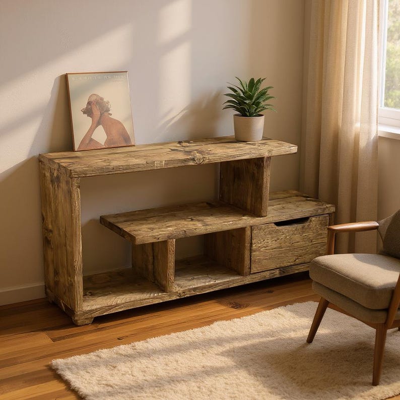 Rustic TV Stand & Media Console | Reclaimed Wood Entertainment Unit with Drawers | Low Profile Industrial TV Cabinet image 3
