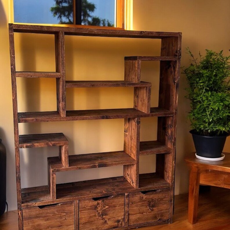 3D Bookcase Cabinet | Reclaimed Wood Shelving Unit | Industrial Multi ...