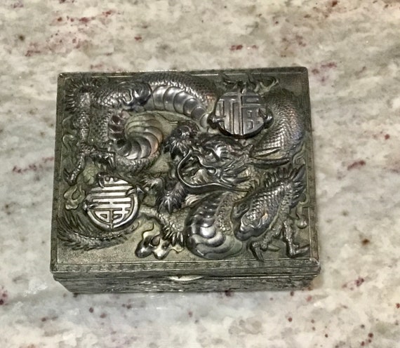 Vintage Asian Metal Dragon Trinket Box, Metal Drag