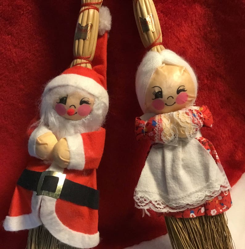 Vintage Santa and Mrs Claus Straw Broom Dolls, Vintage Enesco Santa Doll, Vintage Christmas Decorations, Vintage Christmas Ornaments, Santa, image 2