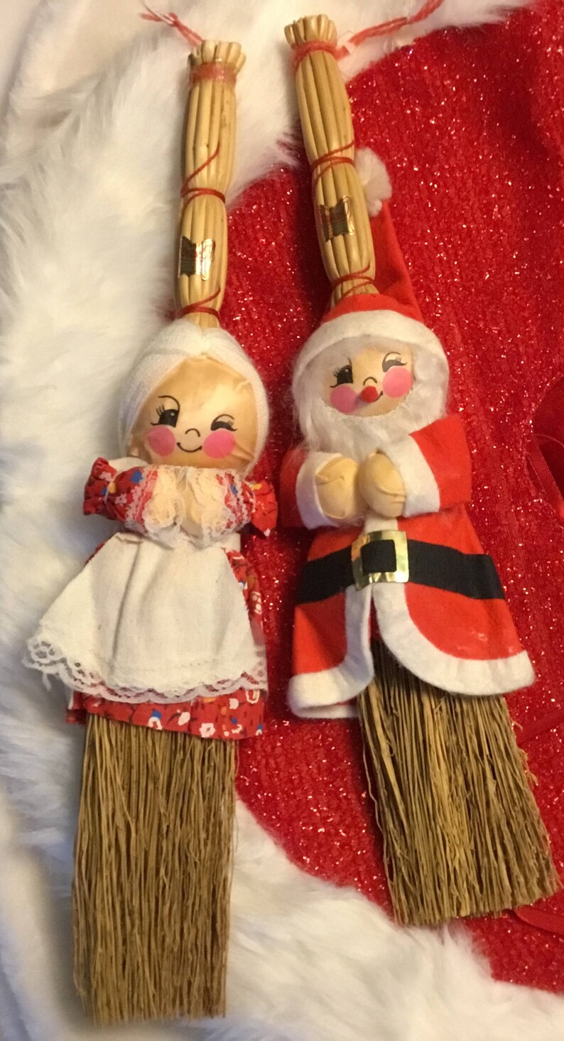 Vintage Santa and Mrs Claus Straw Broom Dolls Vintage Enesco Etsy