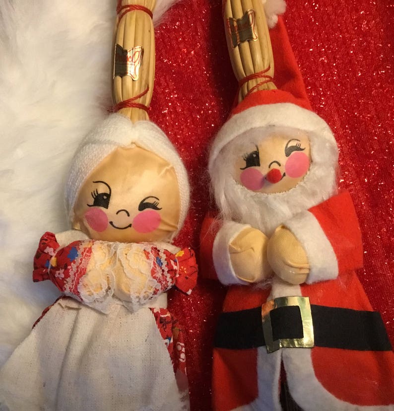 Vintage Santa and Mrs Claus Straw Broom Dolls, Vintage Enesco Santa Doll, Vintage Christmas Decorations, Vintage Christmas Ornaments, Santa, image 1