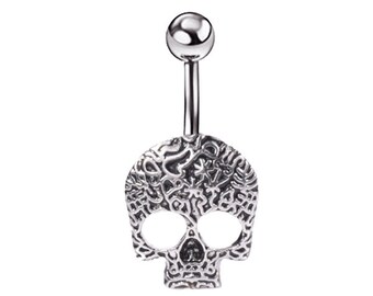 Skull Silver Stainless Steel Belly Bar Body Piercing 12mm 1.6mm/14g J504