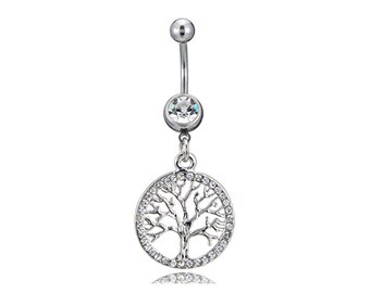 Tree Of Life Clear CZ Silver Stainless Steel Belly Bar Body Piercing 10mm 1.6mm/14g J529