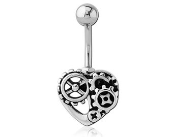 Steampunk Heart Silver Stainless Steel Belly Bar Body Piercing 10mm 1.6mm/14g J538