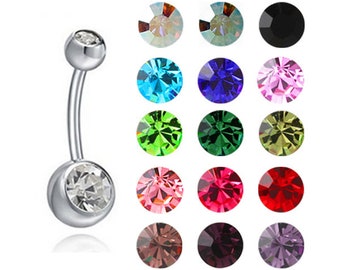 Double Round CZ Stone Silver Stainless Steel Belly Bar Various Colours 10mm 1.6mm/14g J507