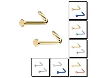 2 Flat Circle Stainless Steel L Bend Nose Studs Piercing Blue Golden Rainbow Rose Gold Silver 7mm 0.8mm/20g J603