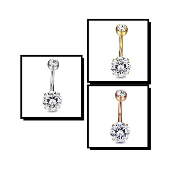 Round Double Clear CZ Stainless Steel Belly Bar Navel Piercing Etsy UK