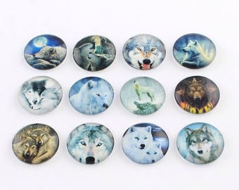 20 Wolf Mixed Design Round Glass Cabochons 12mm (024)