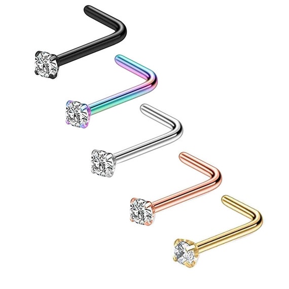 Nose Stud Clear CZ Stone Stainless Steel L Bend Piercing Nostril 5 Colours 0.8mm/20g (J604)