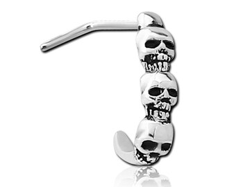 Skull Trio Silver Stainless Steel L Bend Wrap Crawler Nose Stud Piercing 0.8mm/20g J650M