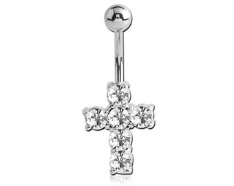 Cross Clear CZ Silver Stainless Steel Belly Bar Body Piercing 10mm 1.6mm/14g J543