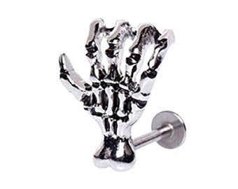 Skeleton Hand Silver Stainless Steel Lip Stud Body Piercing 1.2mm/16g J700