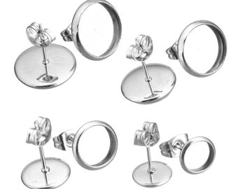 10 (5 Pairs) Cabochon Silver Stainless Steel Blank Earring Stud Bevel Posts Inc Backs  Jewellery Making 6|8|10|12mm F405