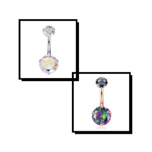 Round Double CZ Stainless Steel Belly Bar Body Piercing 10mm 1.6mm/14g AB/Silver Multi/Rose Gold J506