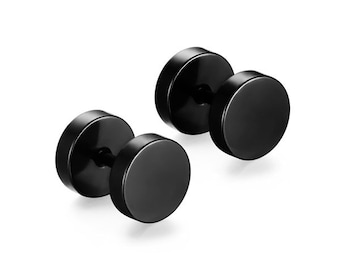 Round Black Stainless Steel Fake Cheater Ear Plugs Screw Back Unisex 1mm/18g 5|8|10mm J424