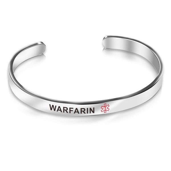 Warfarin Medical Alert ID Awareness Silver Stainless Steel Bangle Bracelet 6mm 63mm J114F