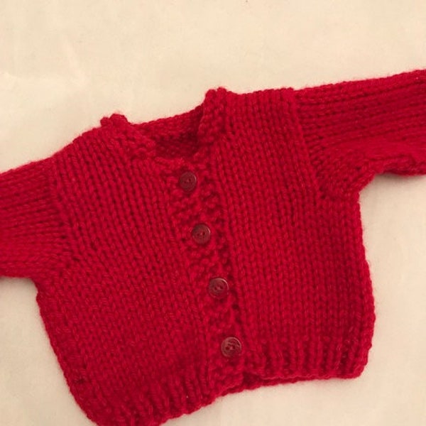 Handknit red cardigan sweater that fits 18in American Girl dolls