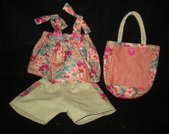 Tan shorts with print shoulder tie top and matching bag to fit 18" American Girl dolls