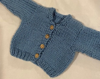 Handknit colonial blue cardigan sweater that fits 18in American Girl dolls