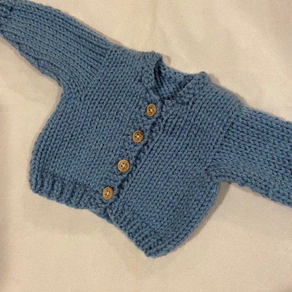 Handknit colonial blue cardigan sweater that fits 18in American Girl dolls
