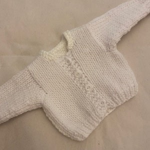 Handknit white cardigan sweater that fits 18in American Girl dolls