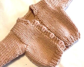 Handknit dusty rose cardigan sweater that fits 18in dolls