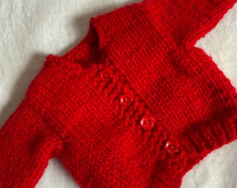 Handknit red cardigan sweater that fits 18in dolls