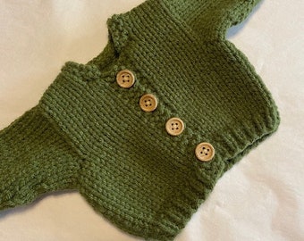 Handknit olive green cardigan sweater that fits 18in American Girl dolls