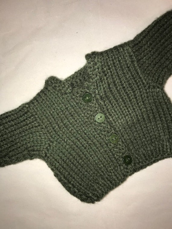 Hand Knit Dark Olive Green Colored Cardigan Sweater That Fits 18 inch American Girl Dolls