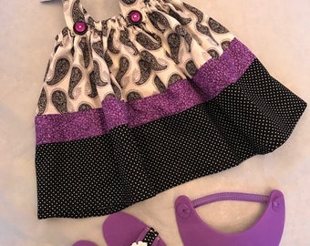 Purple, white and black paisley print sundress with visor and sandals that fits 18in American Girl dolls