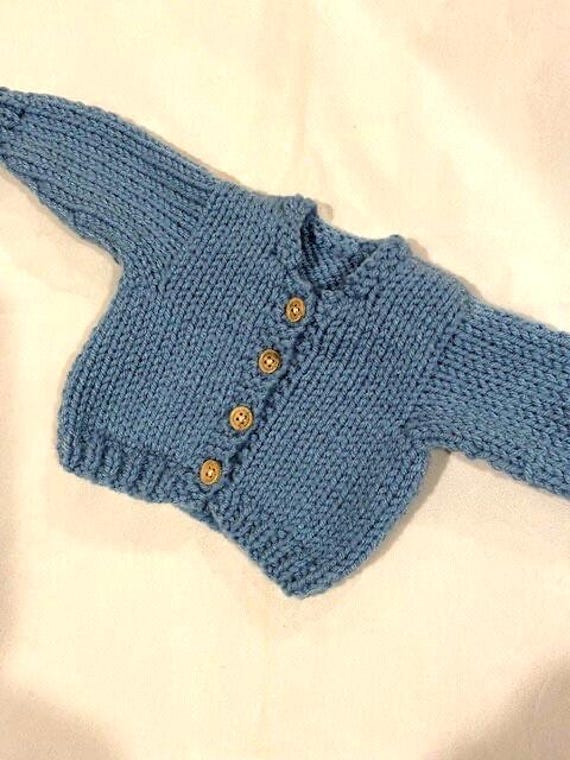 Handknit colonial blue cardigan sweater that fits 18in dolls