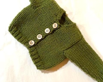Handknit olive green cardigan sweater that fits 18in dolls