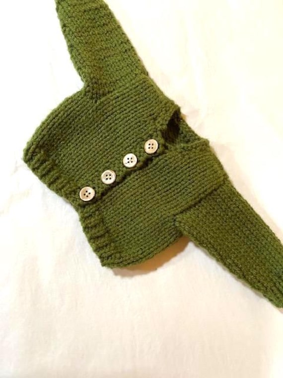 Handknit olive green cardigan sweater that fits 18in dolls