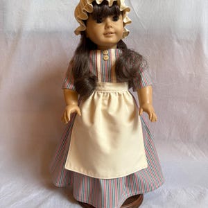 Colonial style dress with cap and apron that fits 18in dolls