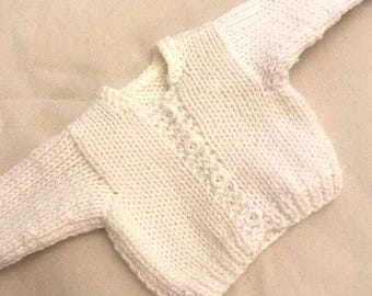 Handknit white cardigan sweater that fits 18in dolls