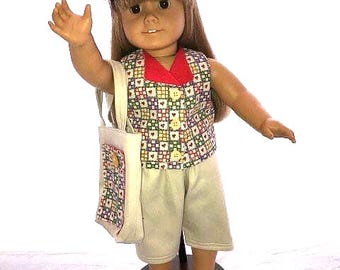 Sleeveless top and shorts set with shopping bag and visor that fits 18" dolls