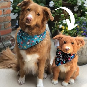 May include: A brown and white dog wearing a blue and white bandana with a birthday theme. The dog is sitting next to a smaller, plush brown and white dog wearing a black and blue bandana with the text "Happy Birthday" on it.