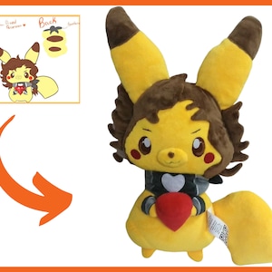 May include: A yellow and brown plush toy in the shape of a Pikachu holding a red heart. The toy has a brown scarf with a white heart on it.