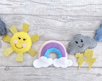 Handmade weather garland / rainbow, sunshine, rain and snow weather nursery bunting